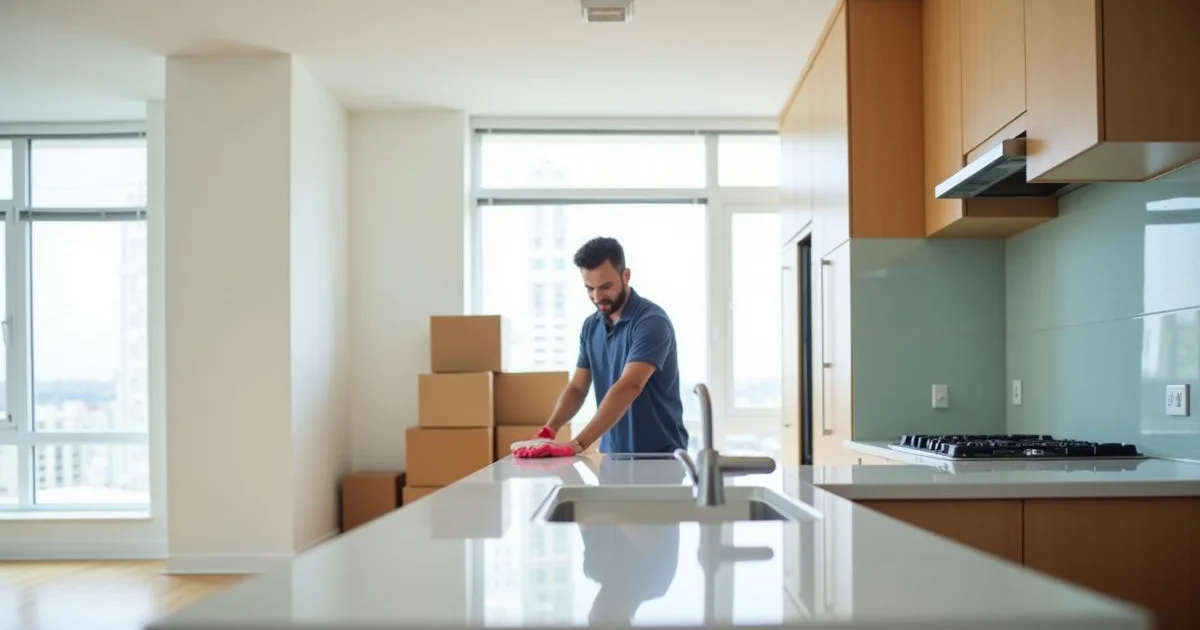 Professional cleaner preparing empty apartment for move-out inspection