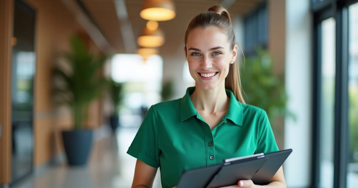 Professional cleaner with clipboard ready for service