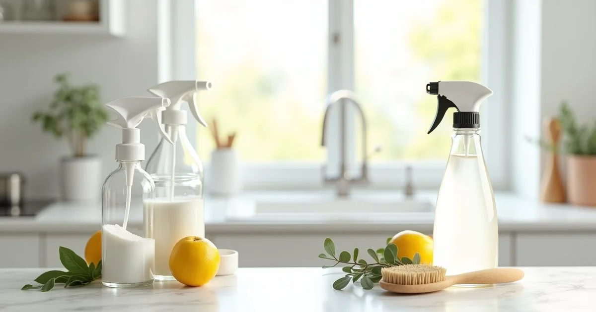 DIY eco-friendly cleaning supplies including vinegar, baking soda, and essential oils