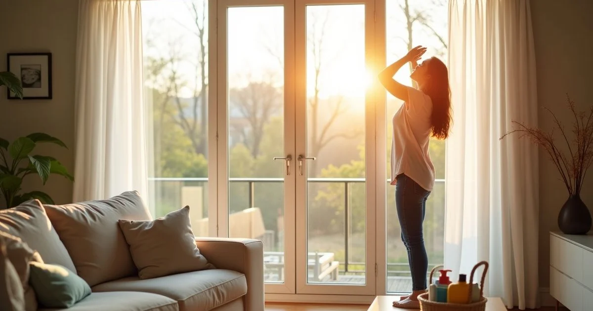 Woman opening windows for spring cleaning in a bright Toronto home